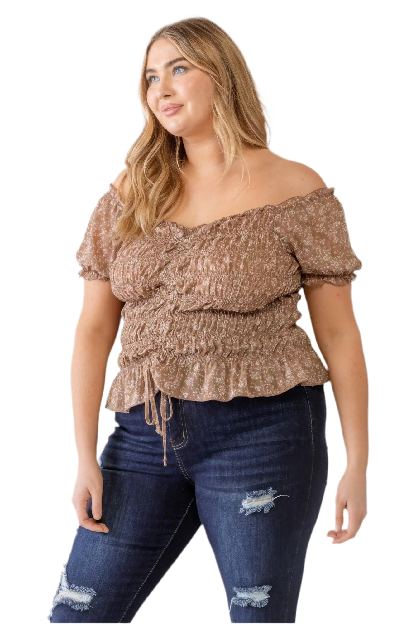 Plus Floral Chiffon Ruched Off-Shoulder Top - Mocha - minbolu -