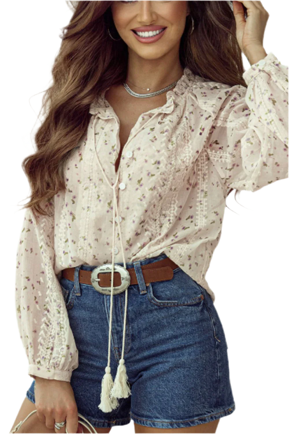Frill Lace Detail Printed Long Sleeve Blouse - minbolu -