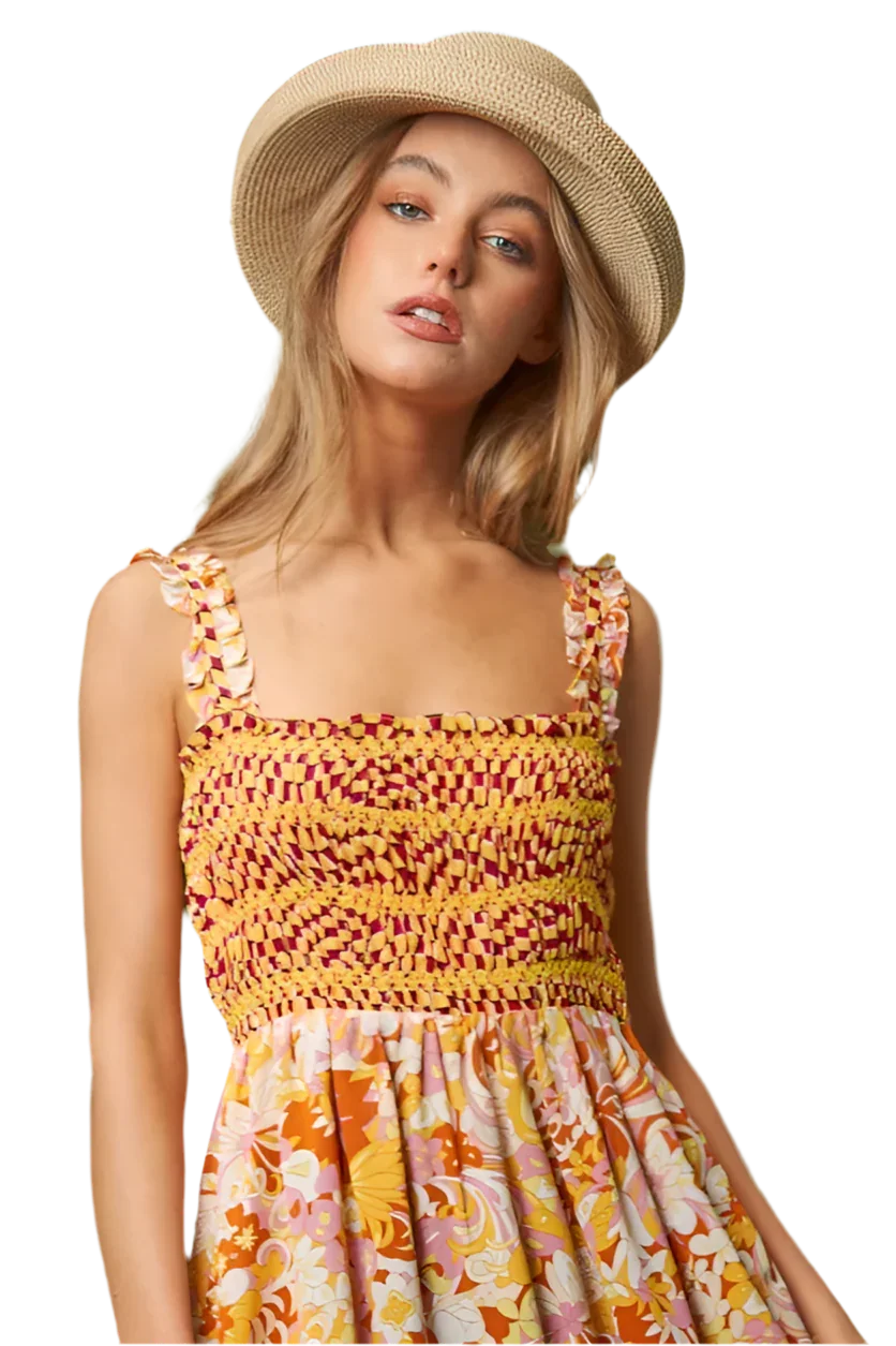 Multi Smocked Geo Ruffle Midi Dress - minbolu -