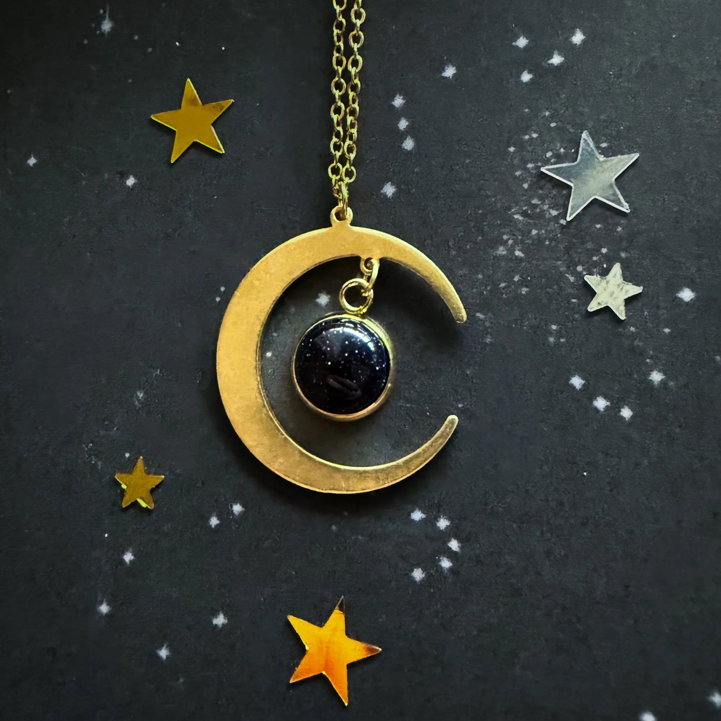 Starlit Crescent Necklace with Blue Sandstone | yugen Boho Moon Necklace - minbolu -