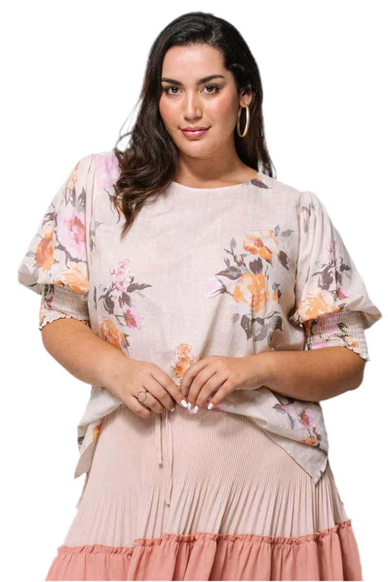 Floral Printed Woven Blouse in Oatmeal - minbolu -