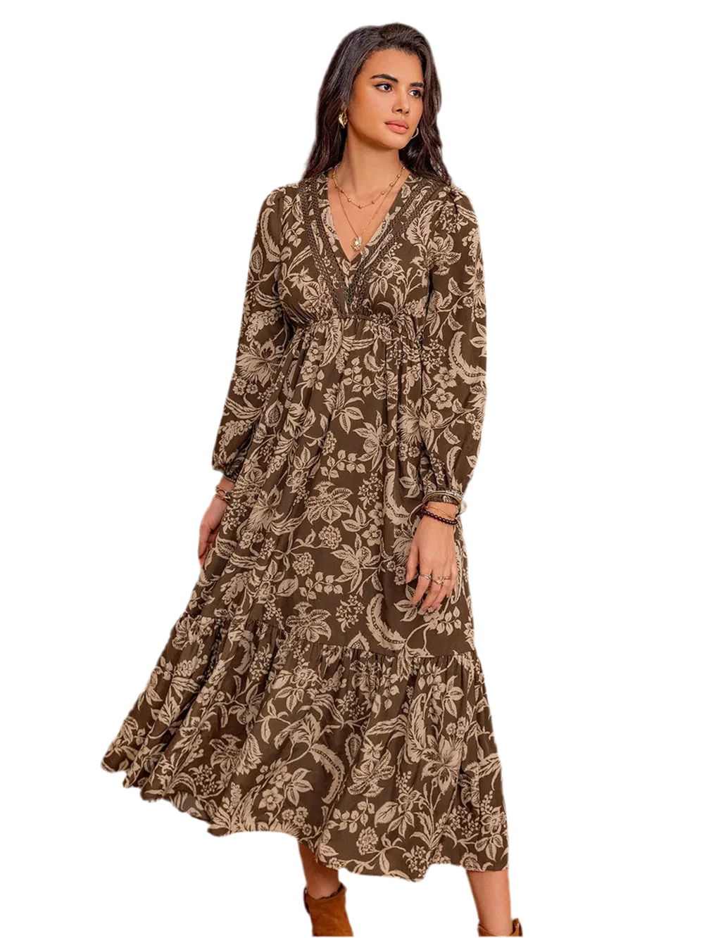 Printed V-Neck Ruched Long Sleeve Midi Dress - minbolu -
