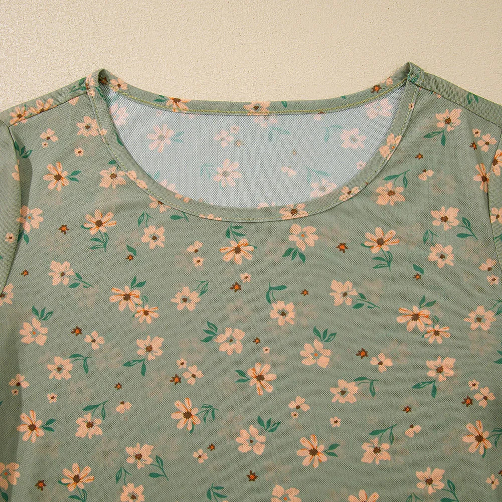 Laurel Green Floral Print Mesh Slim Fit Long Sleeve Top - minbolu -