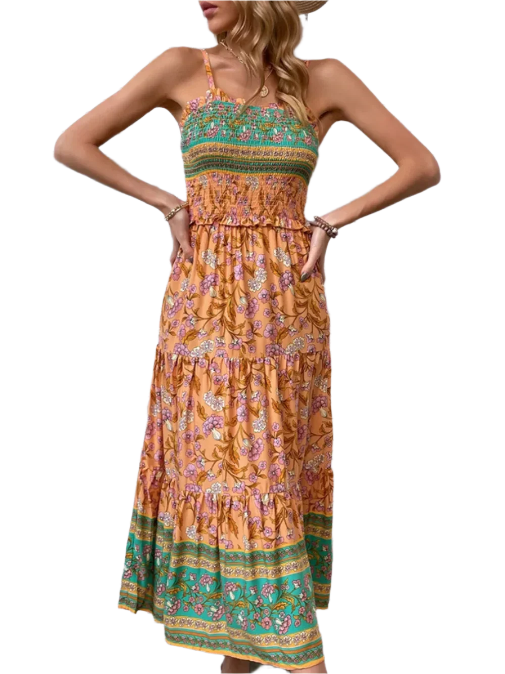 Boho Square Neck Midi Dress - minbolu -