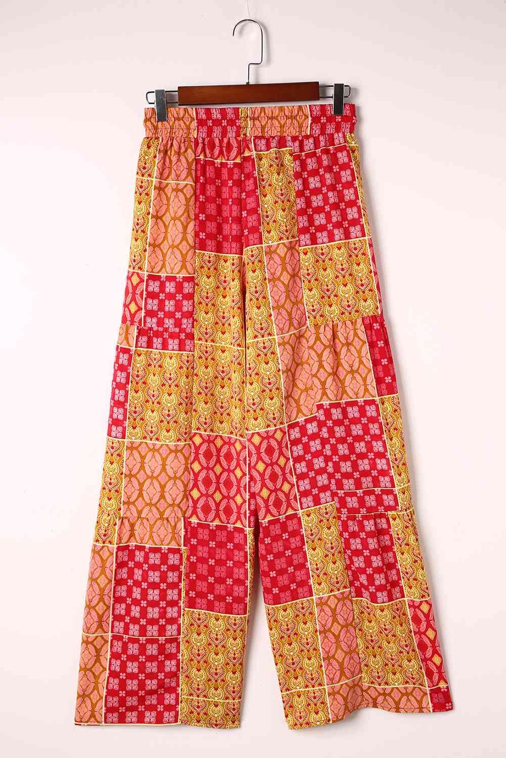 Bohemian Patchwork Drawstring Wide Leg Pants - minbolu -