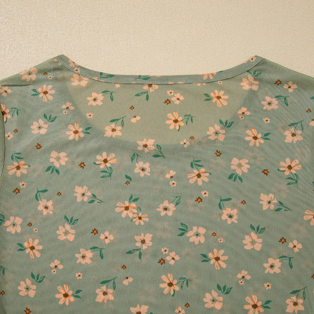 Laurel Green Floral Print Mesh Slim Fit Long Sleeve Top - minbolu -