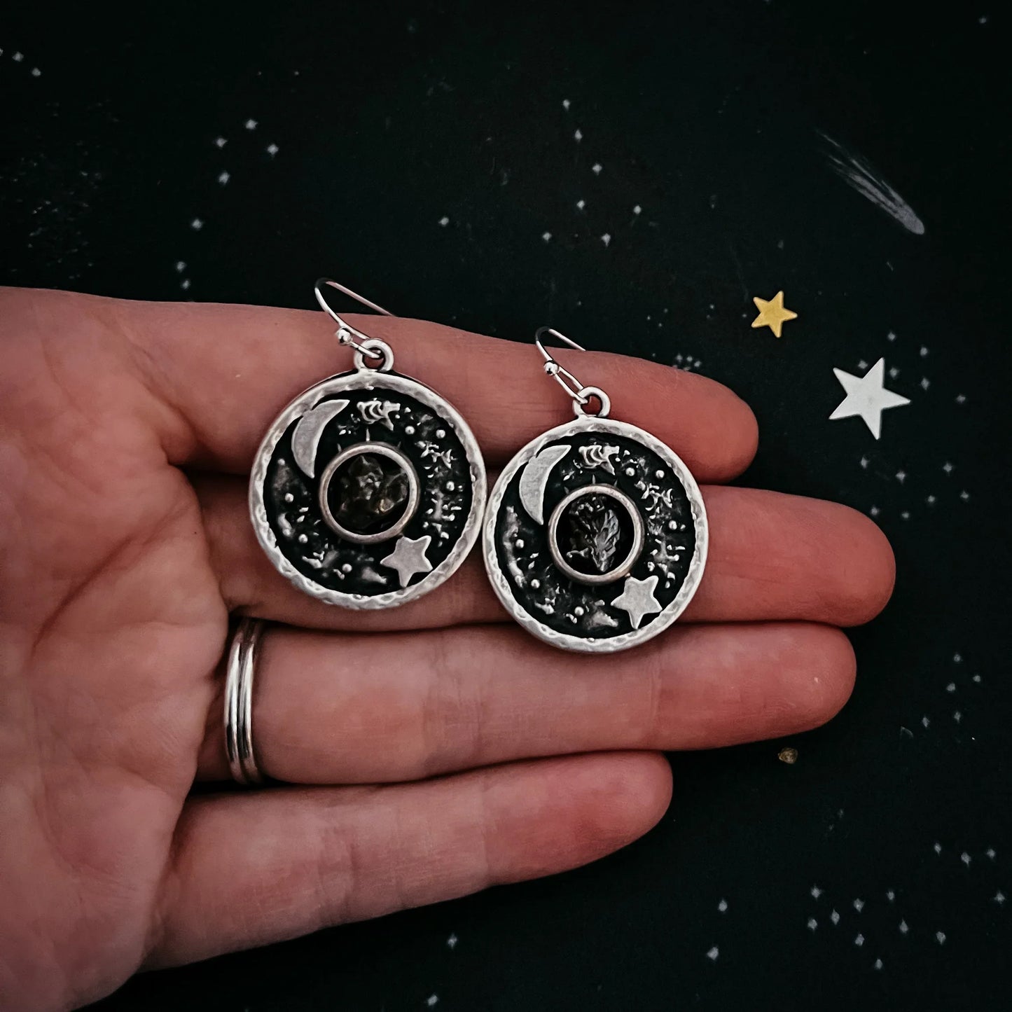Night Sky Dangle Earrings with Raw Meteorite - minbolu -