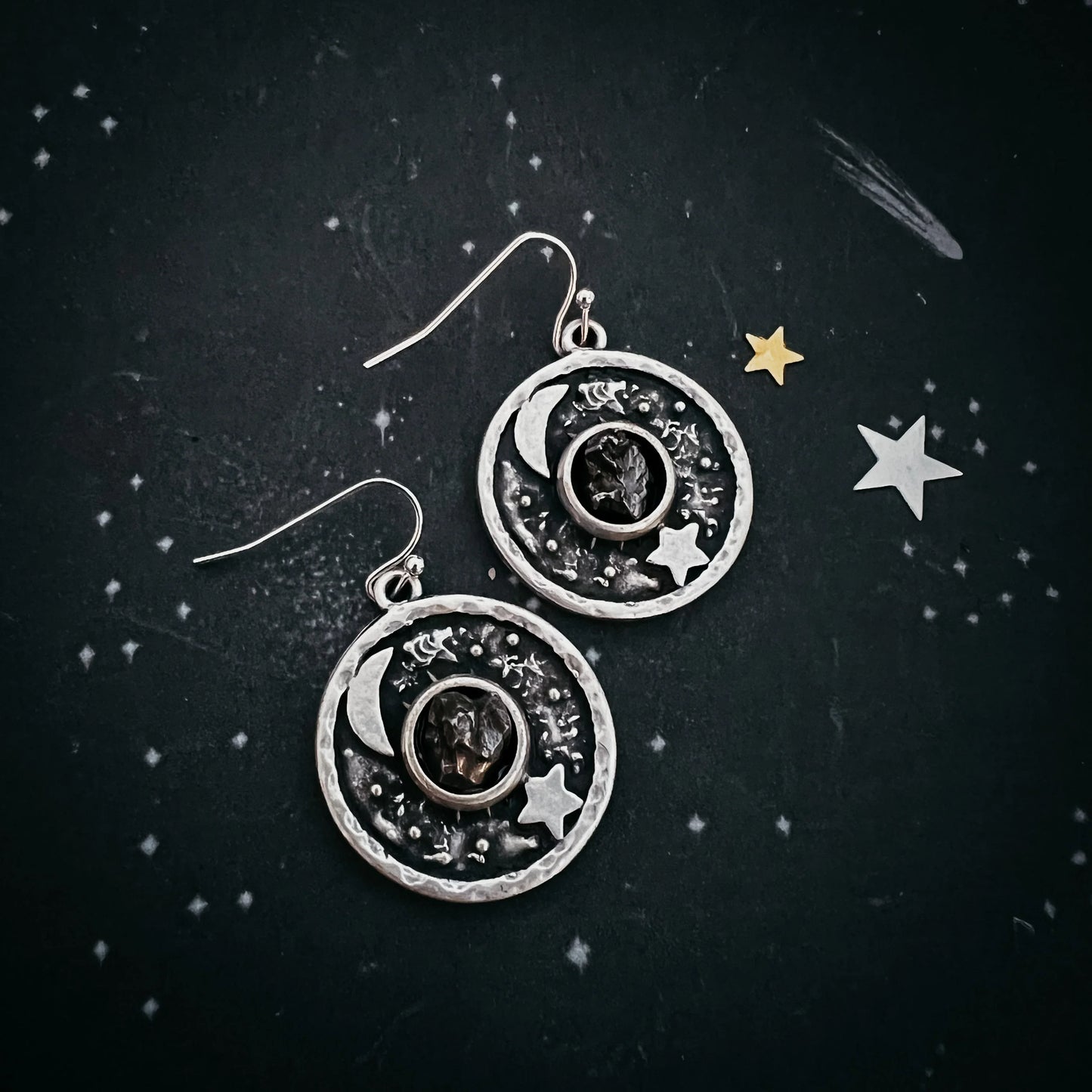 Night Sky Dangle Earrings with Raw Meteorite - minbolu -