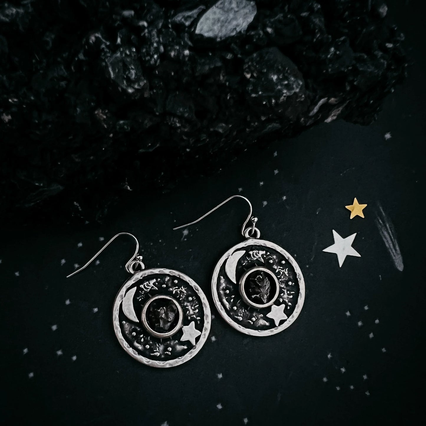 Night Sky Dangle Earrings with Raw Meteorite - minbolu -