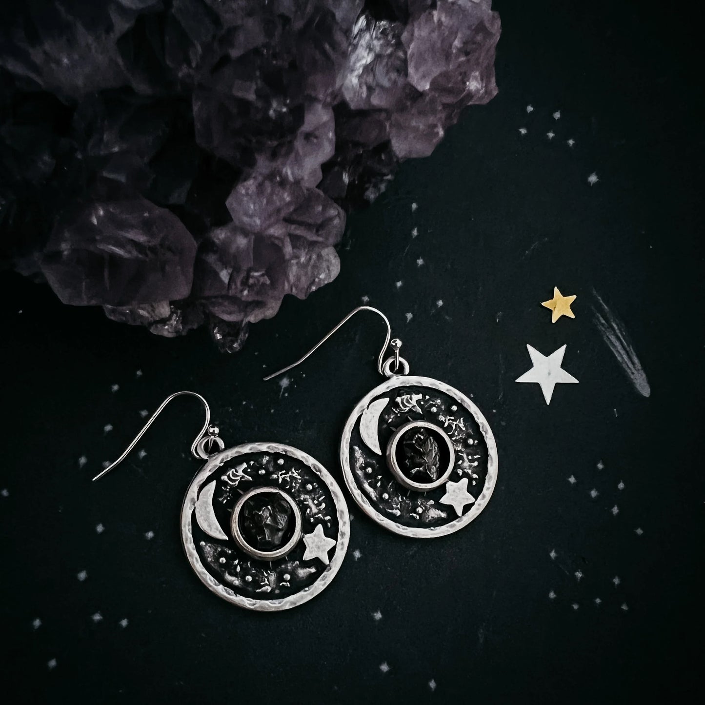 Night Sky Dangle Earrings with Raw Meteorite - minbolu -