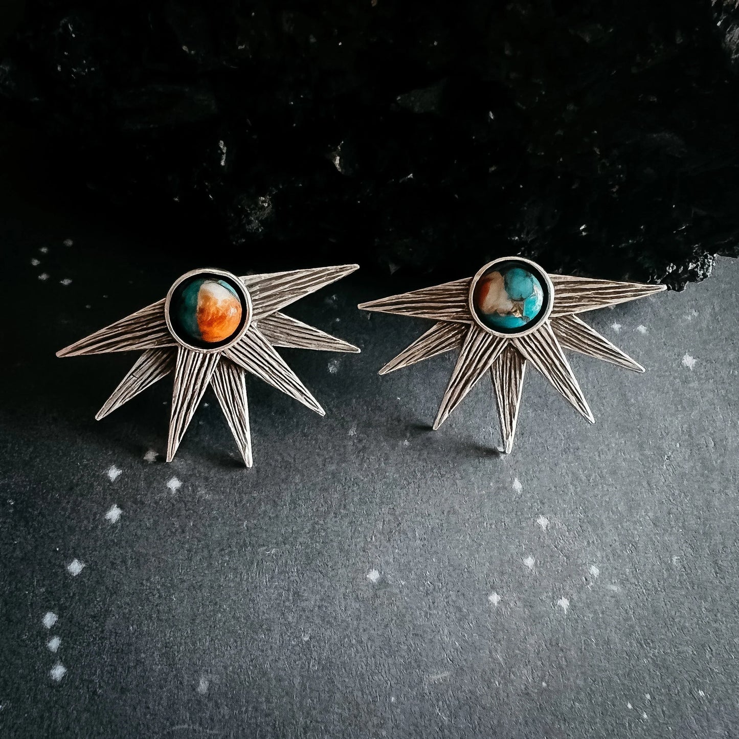 Sun Goddess Earrings with Copper Oyster Turquoise - minbolu -