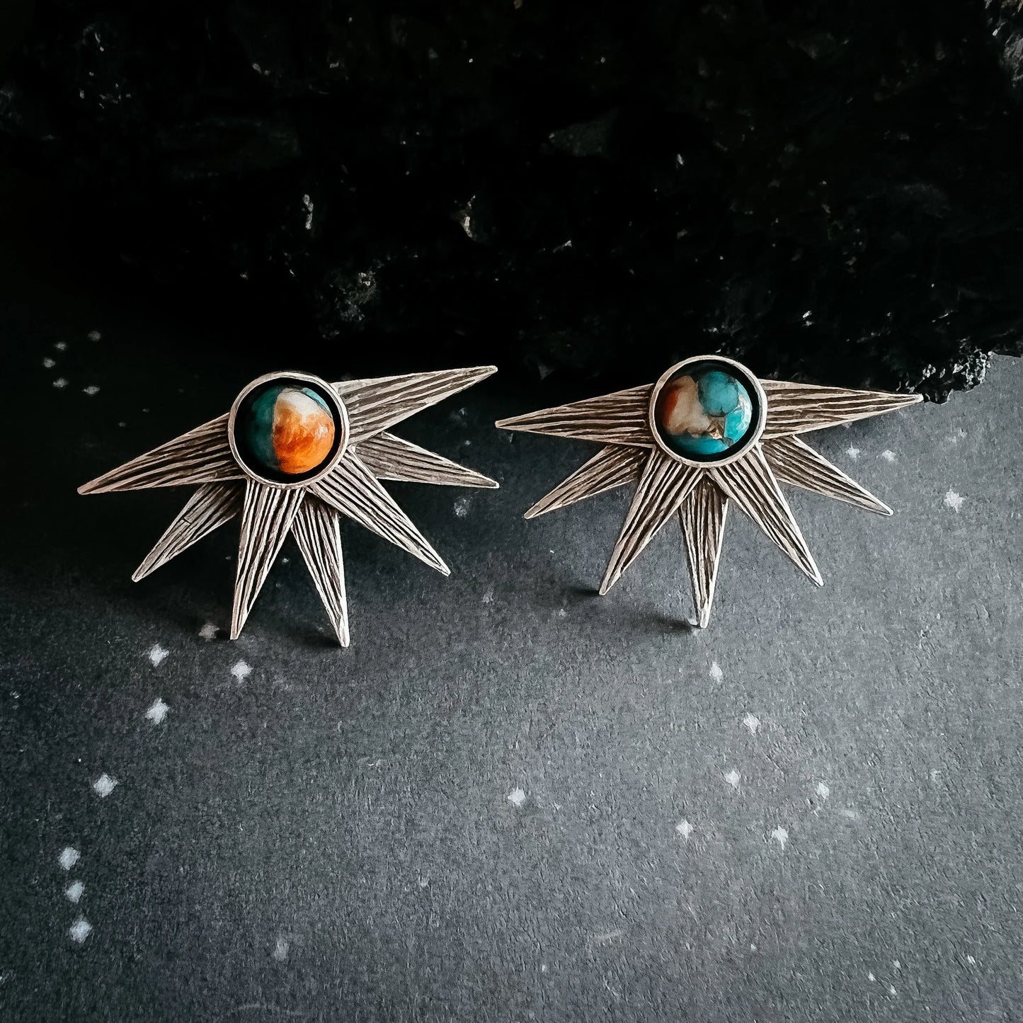 Sun Goddess Earrings with Copper Oyster Turquoise - minbolu -