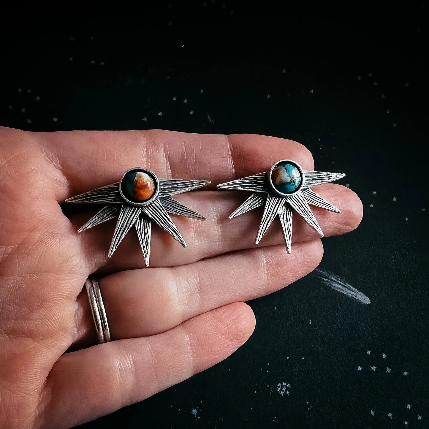 Sun Goddess Earrings with Copper Oyster Turquoise - minbolu -