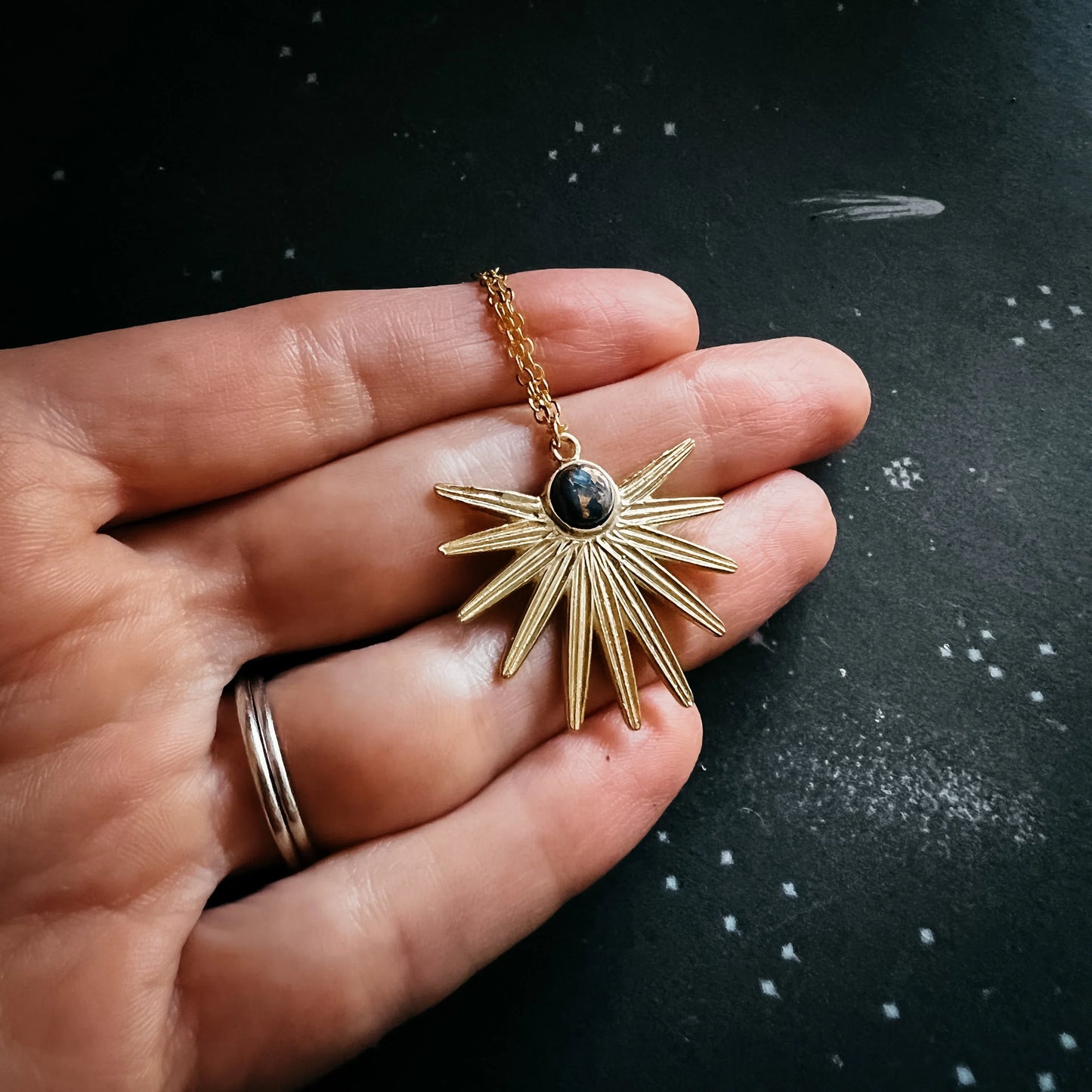 Dark Before the Dawn Sunburst Pendant Necklace with Copper Lapis Lazuli - minbolu -