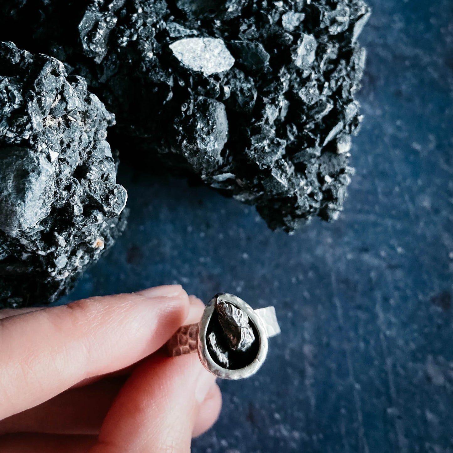 Chunky Teardrop Raw Meteorite Ring in Silver - minbolu -
