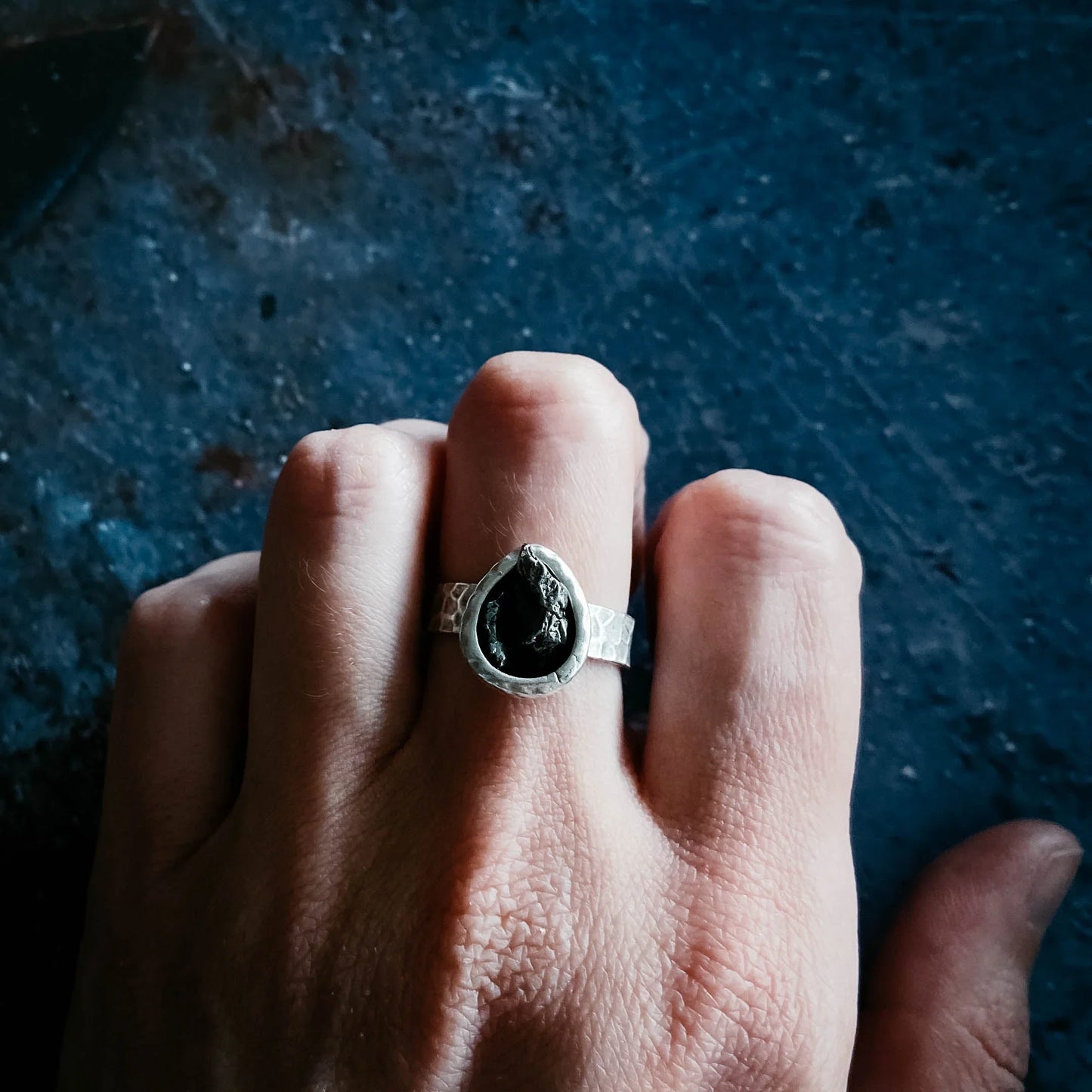Chunky Teardrop Raw Meteorite Ring in Silver - minbolu -