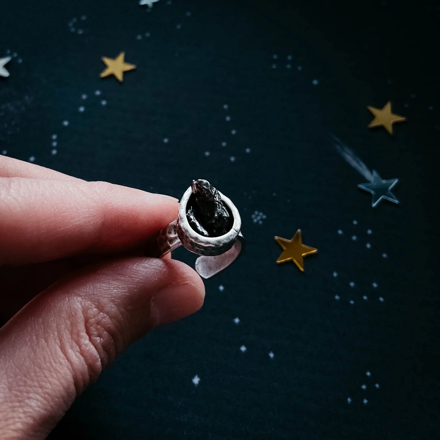 Chunky Teardrop Raw Meteorite Ring in Silver - minbolu -