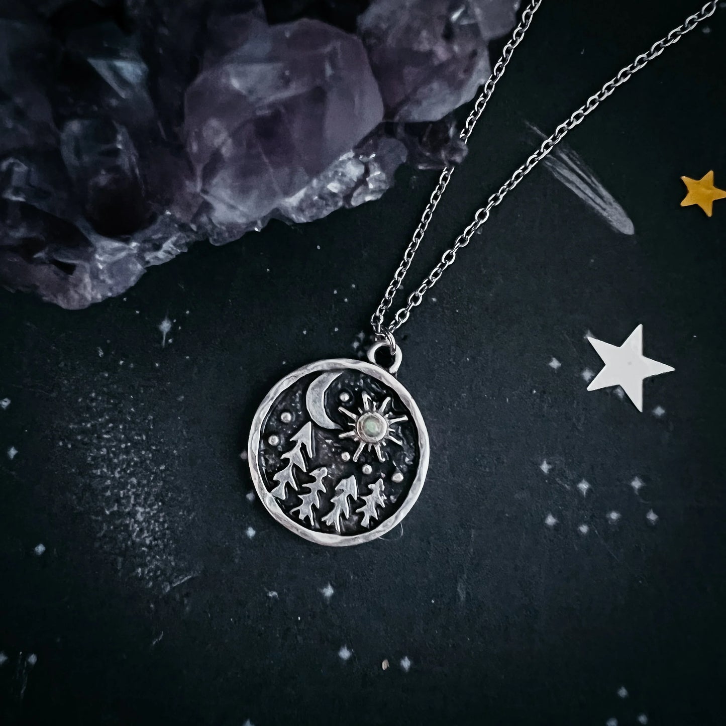 Starry Forest Night Pendant Necklace with Opal - minbolu -