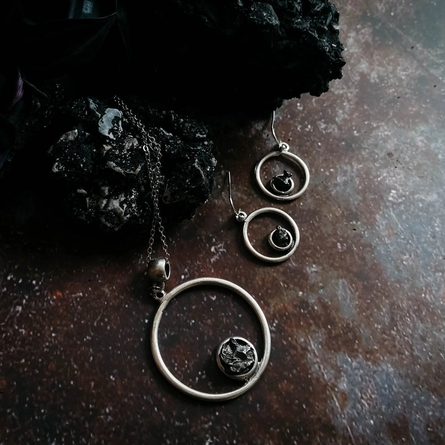 Meteorite Jewelry Set - Circle Necklace and Earrings - minbolu -