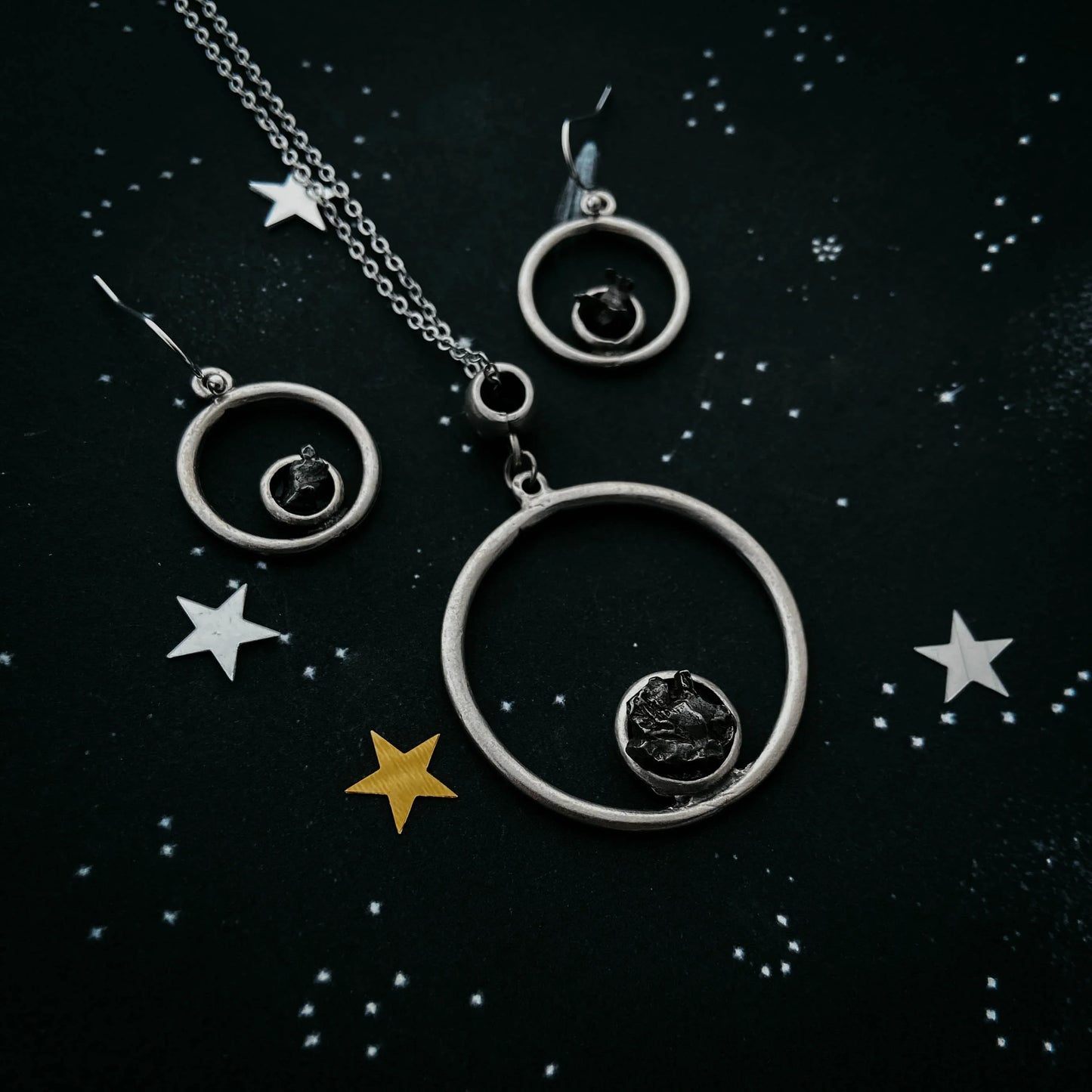 Meteorite Jewelry Set - Circle Necklace and Earrings - minbolu -
