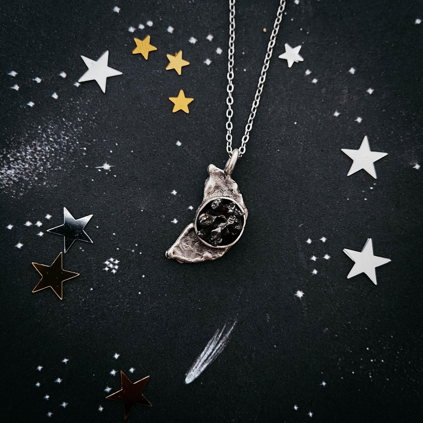 Crescent Moon Necklace with Authentic Meteorite - minbolu -