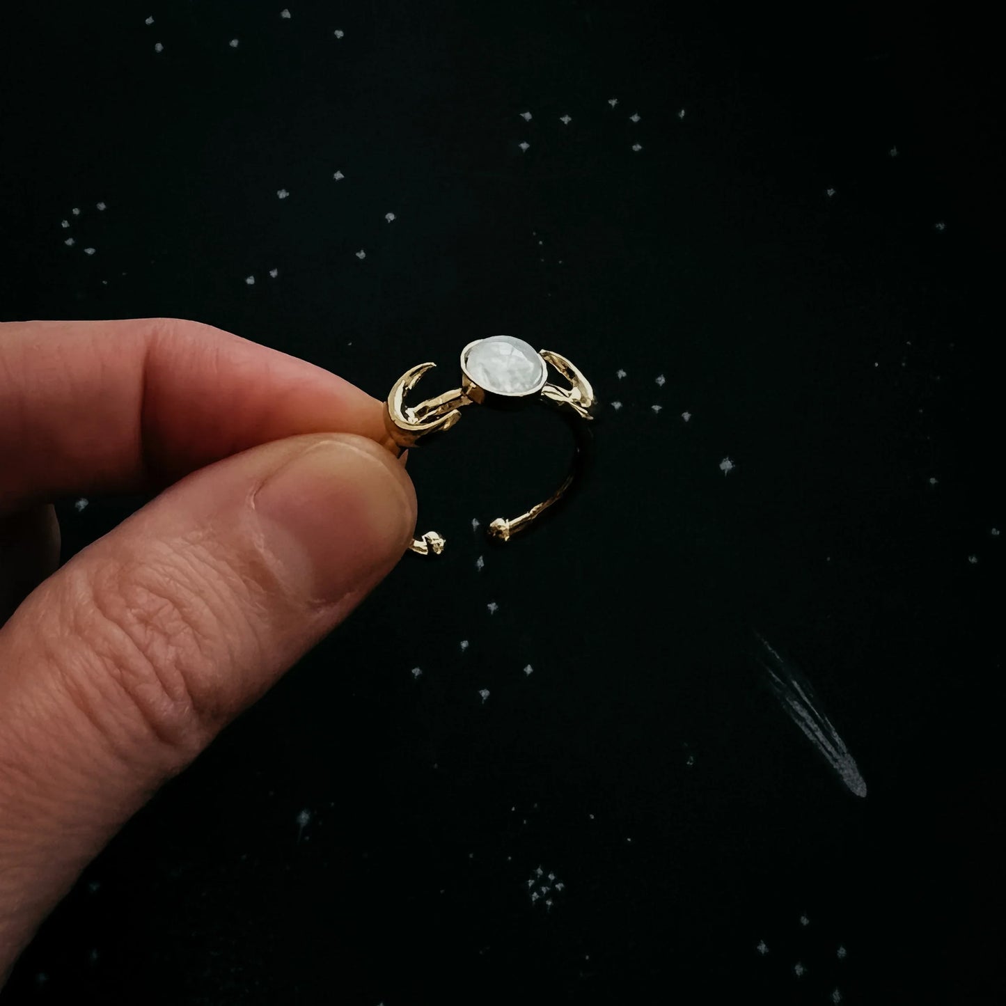 Lunar Witch Crescent Moon Ring with Rainbow Moonstone - minbolu -