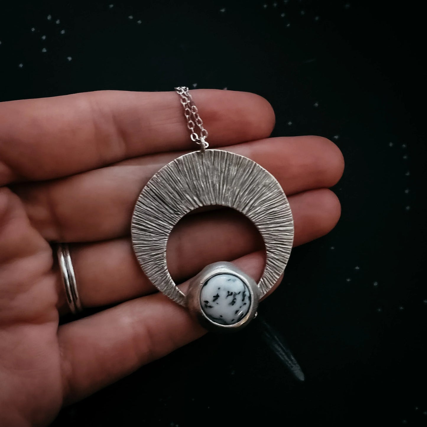 Crescent Moon Pendant with Dendritic Agate - minbolu -