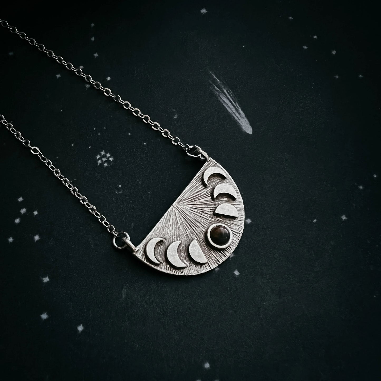 Lunar Eclipse Half Circle Pendant Necklace with Moon Phases and Black Opal - minbolu -