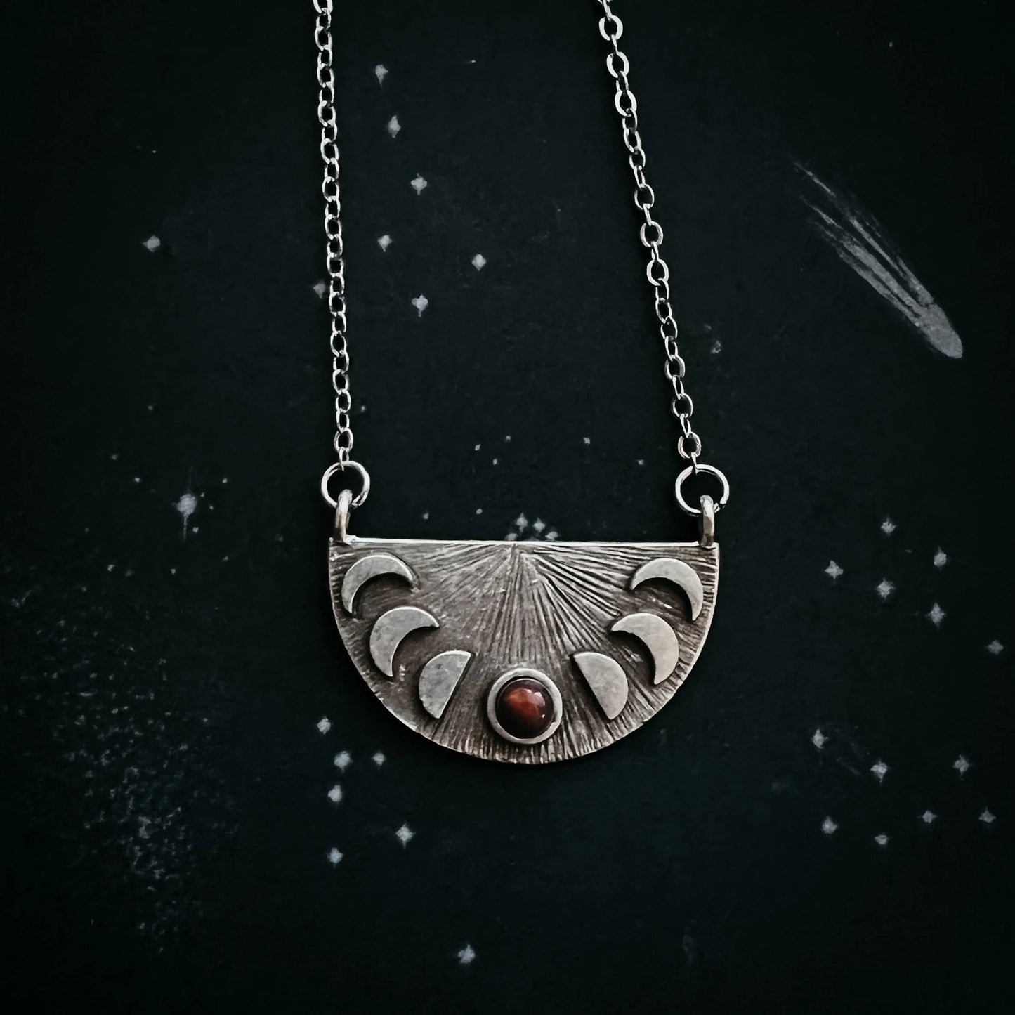 Lunar Eclipse Half Circle Pendant Necklace with Moon Phases and Black Opal - minbolu -