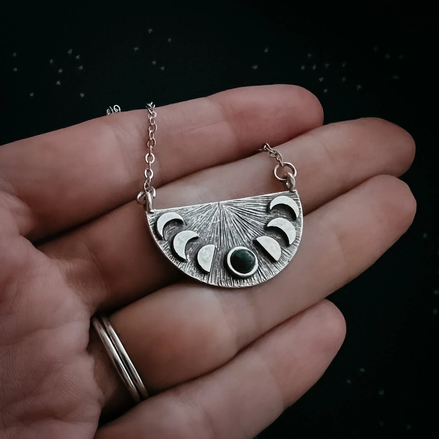 Lunar Eclipse Half Circle Pendant Necklace with Moon Phases and Black Opal - minbolu -