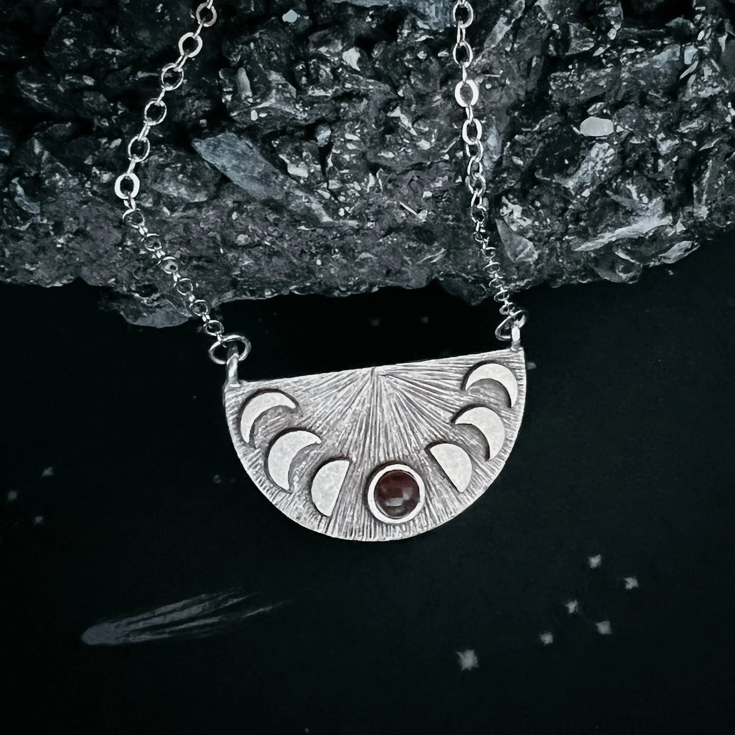 Lunar Eclipse Half Circle Pendant Necklace with Moon Phases and Black Opal - minbolu -