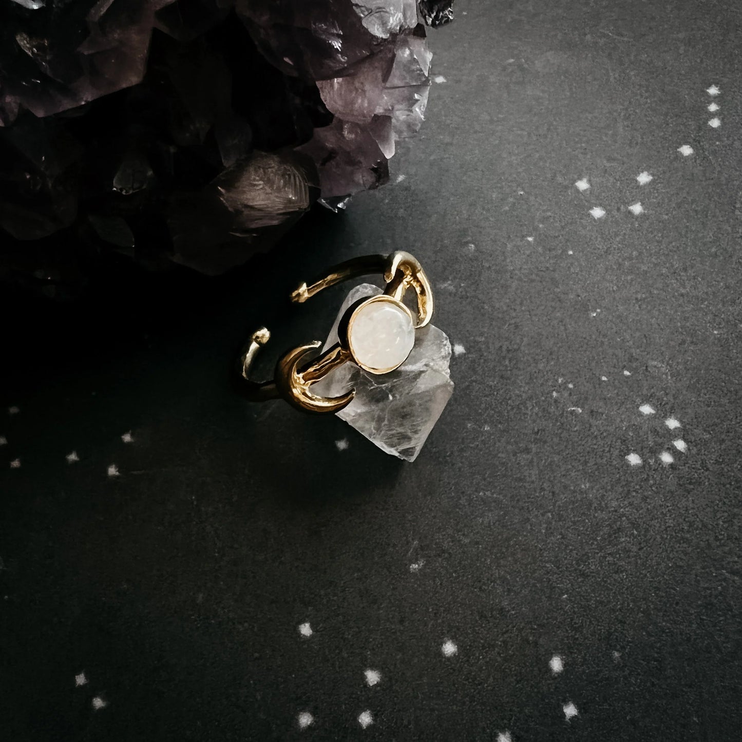 Lunar Witch Crescent Moon Ring with Rainbow Moonstone - minbolu -
