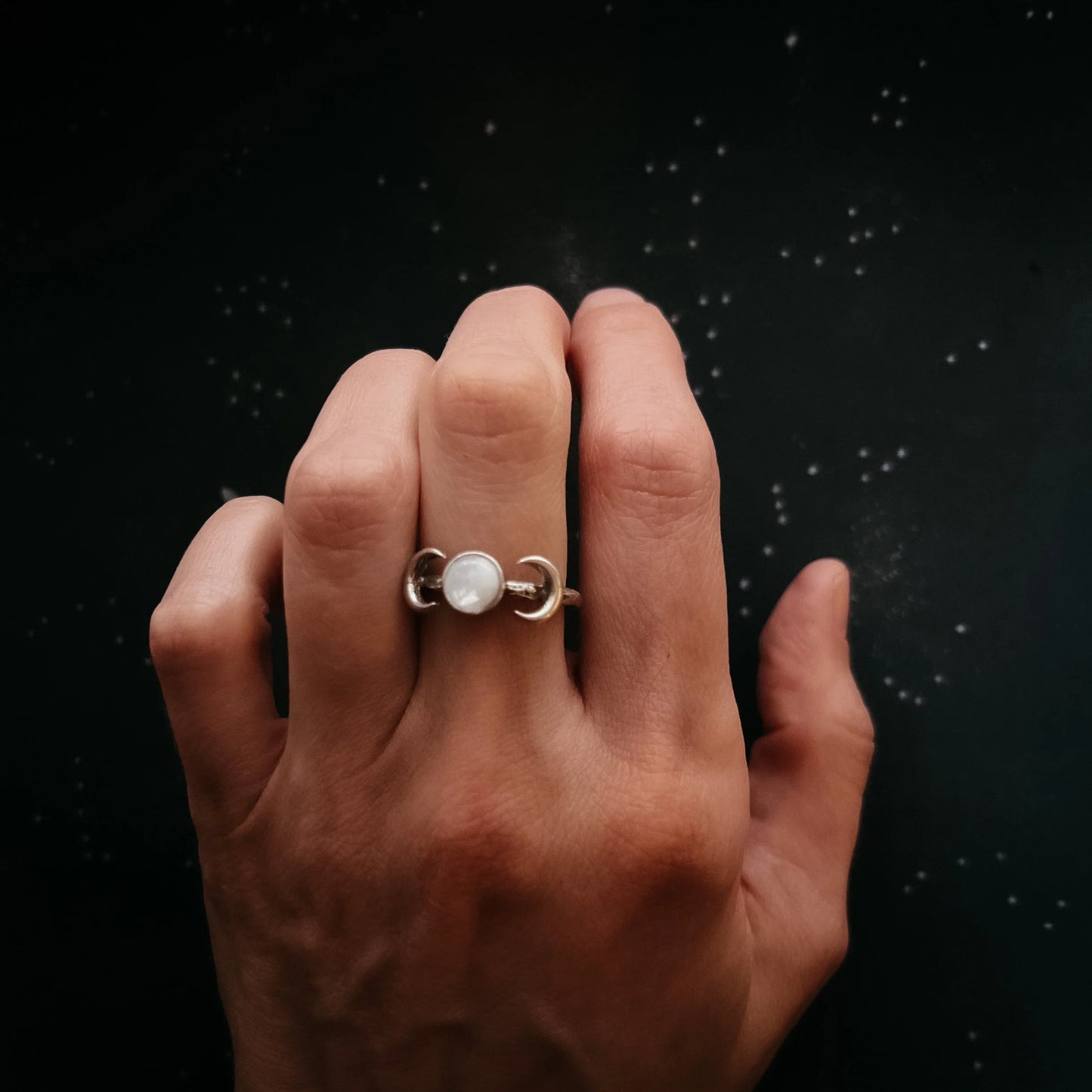 Lunar Witch Crescent Moon Ring with Rainbow Moonstone - minbolu -