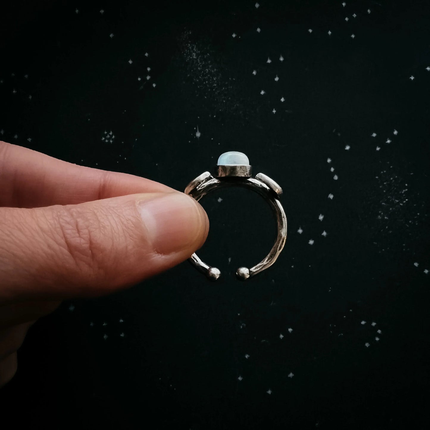 Lunar Witch Crescent Moon Ring with Rainbow Moonstone - minbolu -
