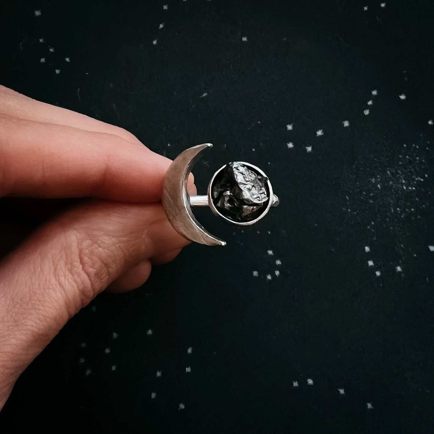 Crescent Moon Wrap Ring with Authentic Meteorite - minbolu -