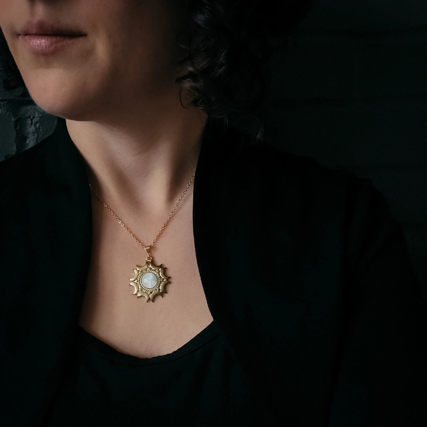 Lunar Witch Necklace - Rainbow Moonstone Pendant - minbolu -