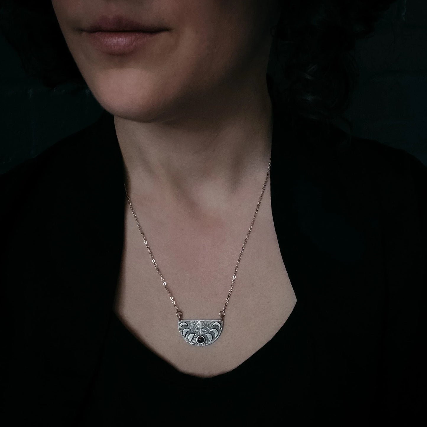 Lunar Eclipse Half Circle Pendant Necklace with Moon Phases and Black Opal - minbolu -