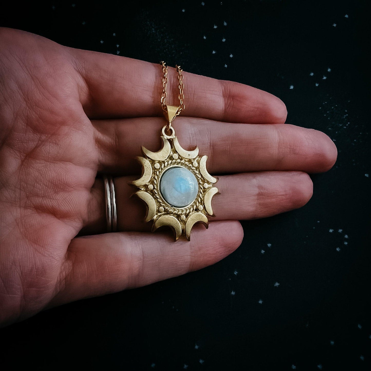 Lunar Witch Necklace - Rainbow Moonstone Pendant - minbolu -