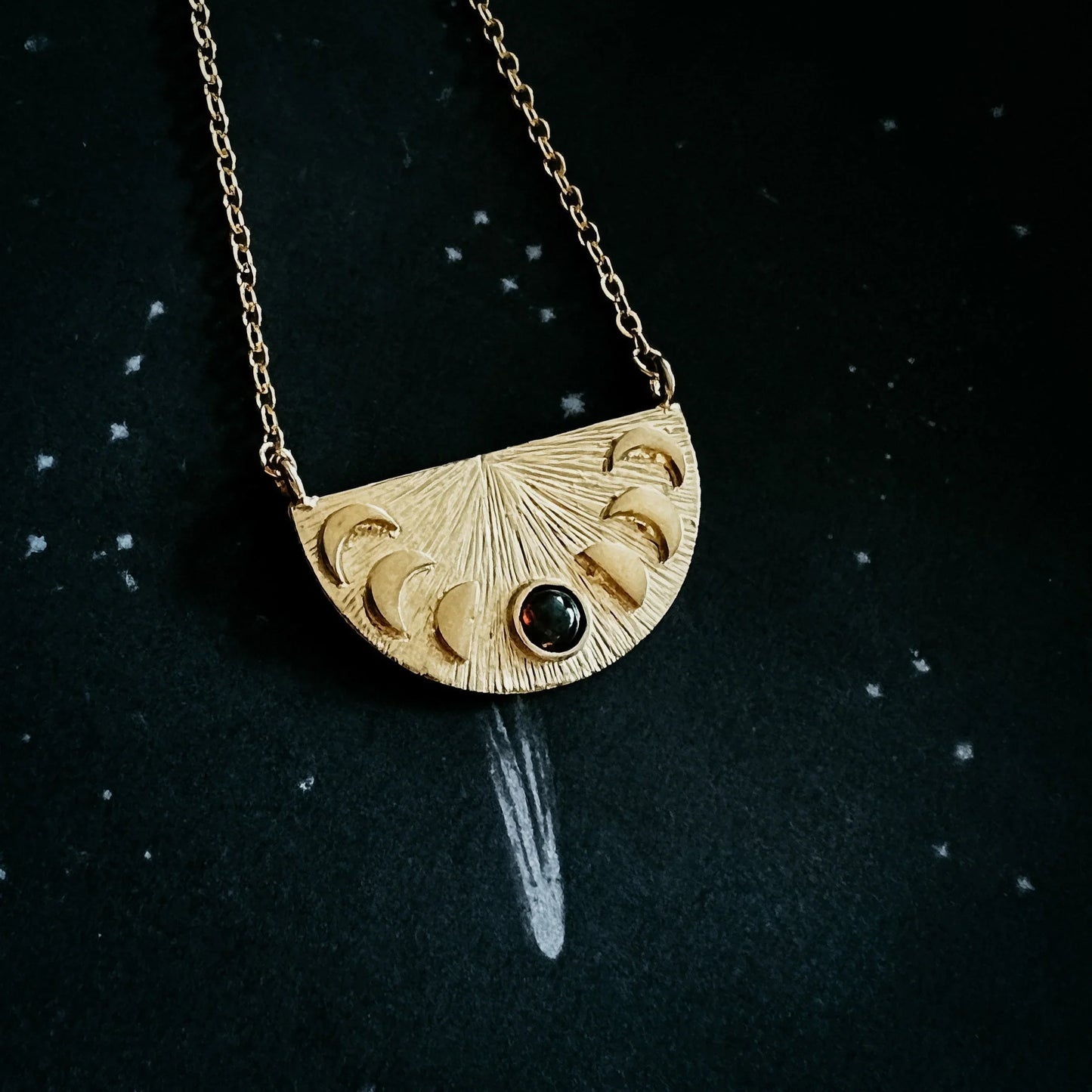 Lunar Eclipse Half Circle Pendant Necklace with Moon Phases and Black Opal - minbolu -