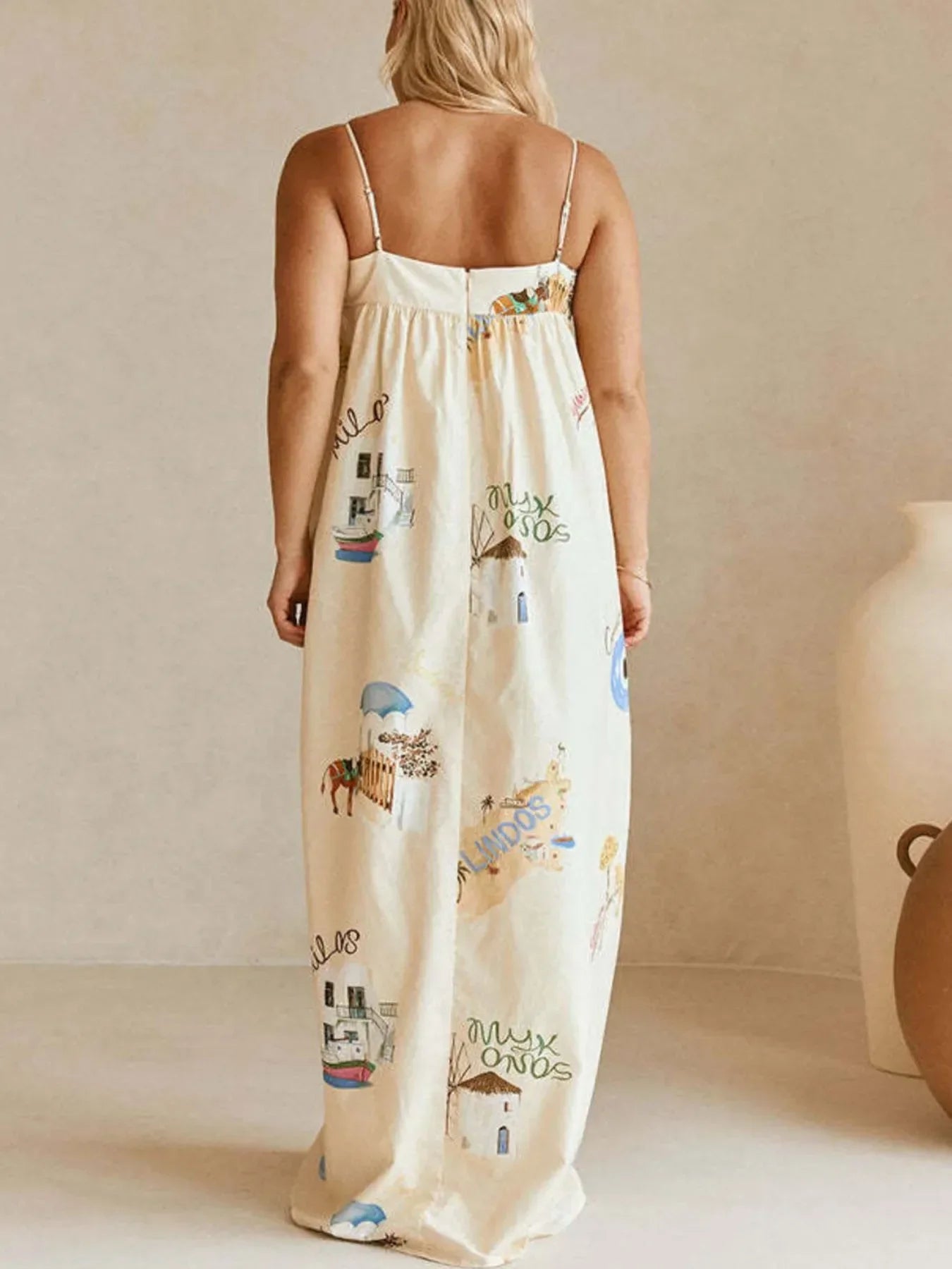 Women's Maxi Dress - Bohemian Print Cami with Pockets Long Dress - minbolu -