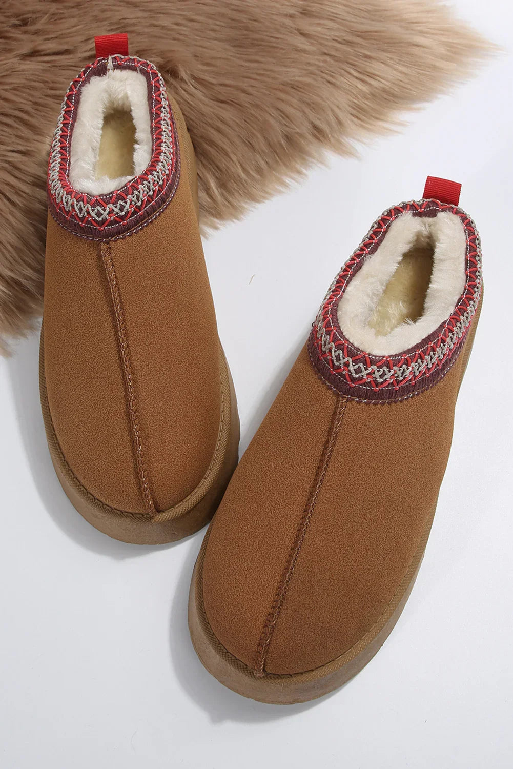 Chestnut Suede Contrast Print Round Toe Plush Lined Flats - minbolu -