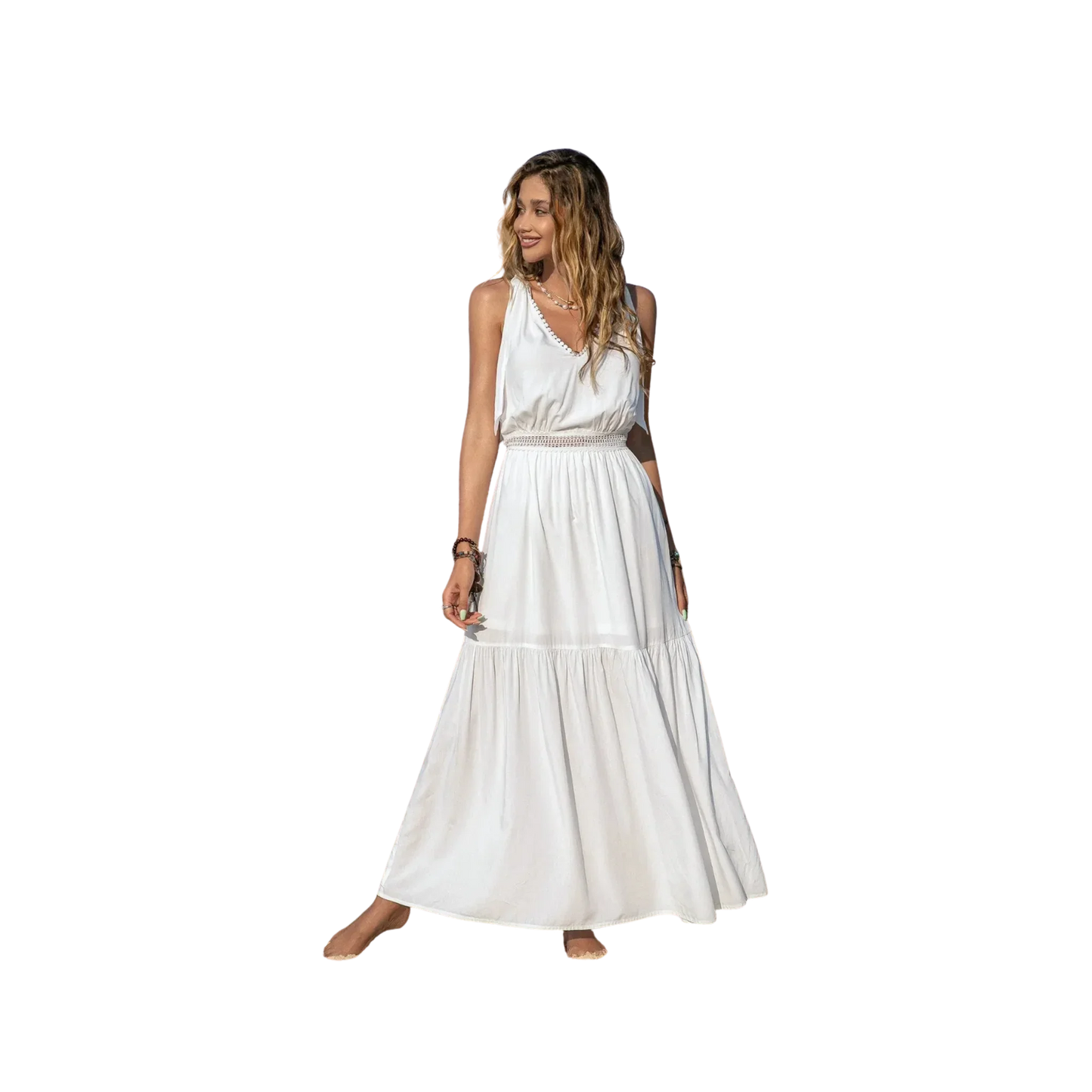 Boho V-Neck Crochet Maxi Dress White - minbolu -