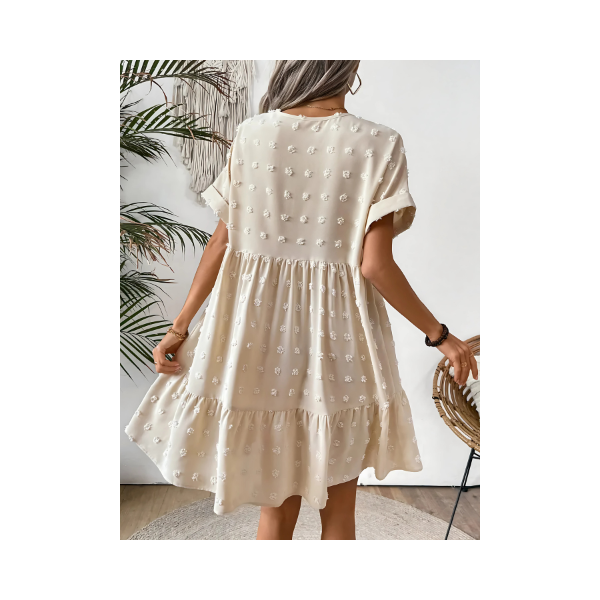 Women's Swiss Dot Mini Dress with Ruffled Hem - Beige Polyester