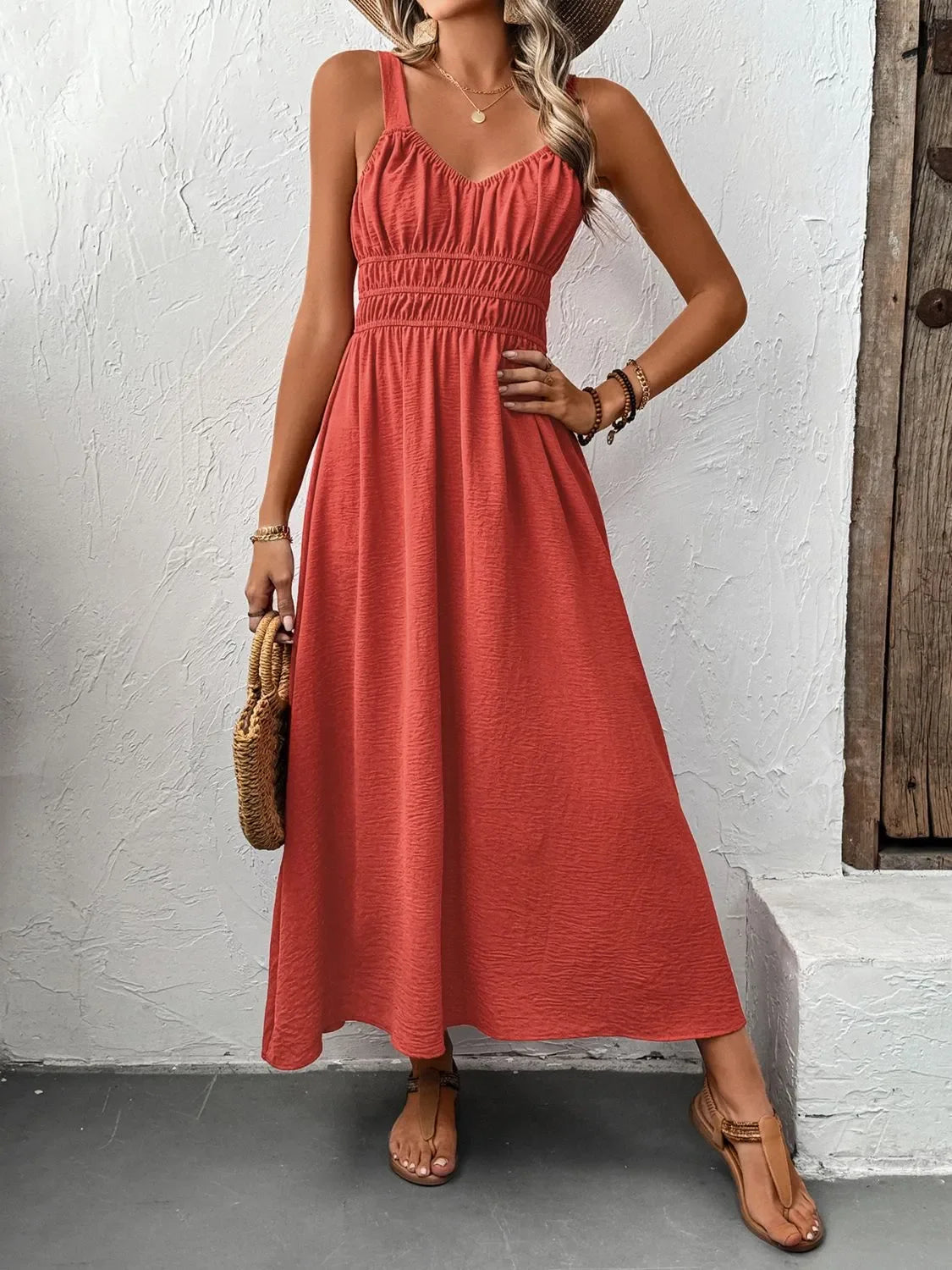 Boho Midi Cami Dress with Wide Straps - minbolu -