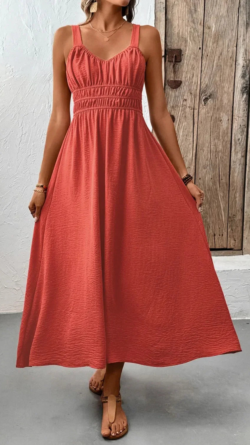 Boho Midi Cami Dress with Wide Straps - minbolu -