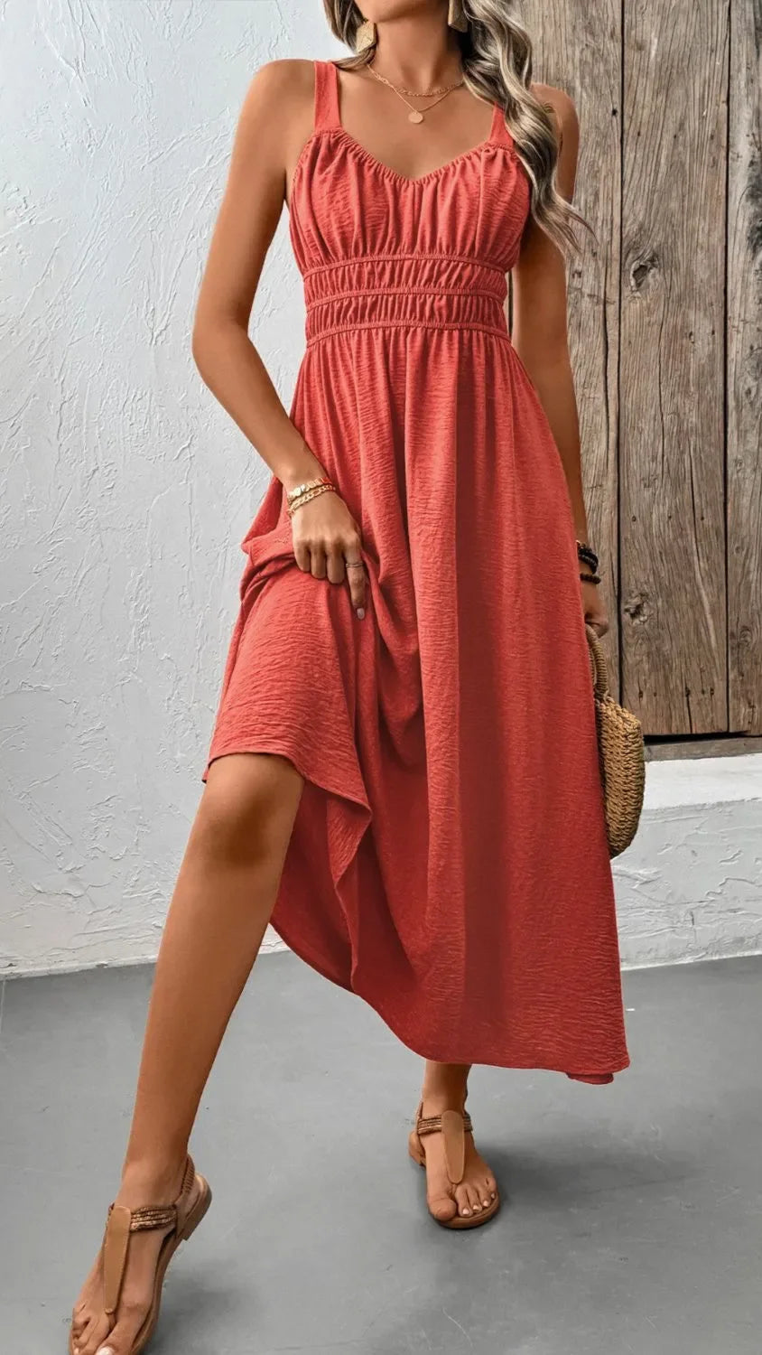 Boho Midi Cami Dress with Wide Straps - minbolu -
