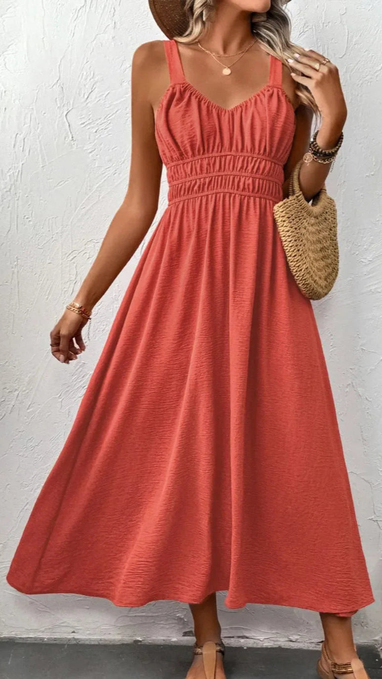 Boho Midi Cami Dress with Wide Straps - minbolu -