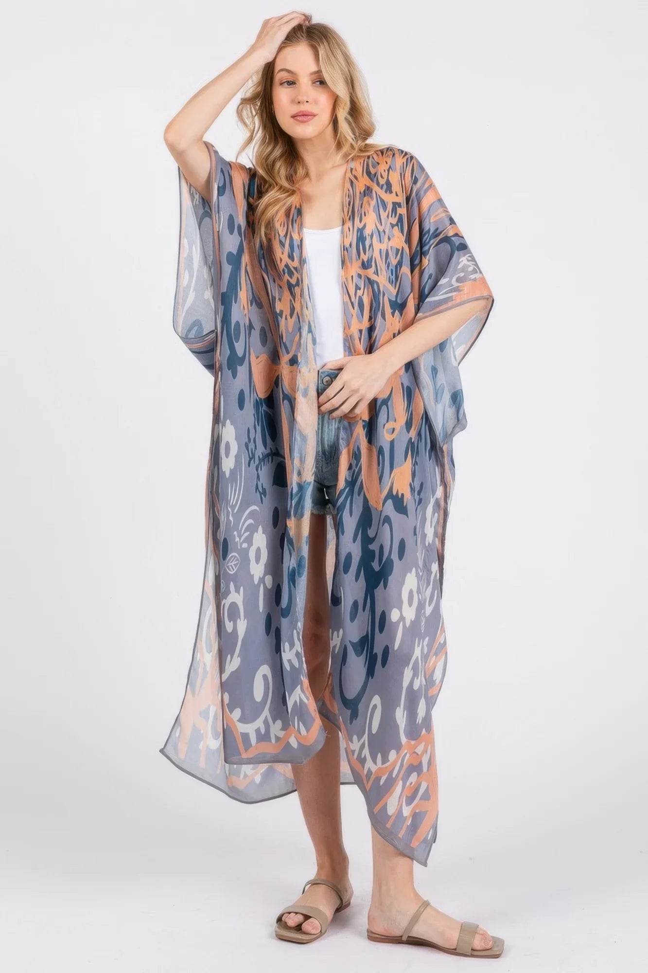 Boho Print Open Front Long Kimono - minbolu -