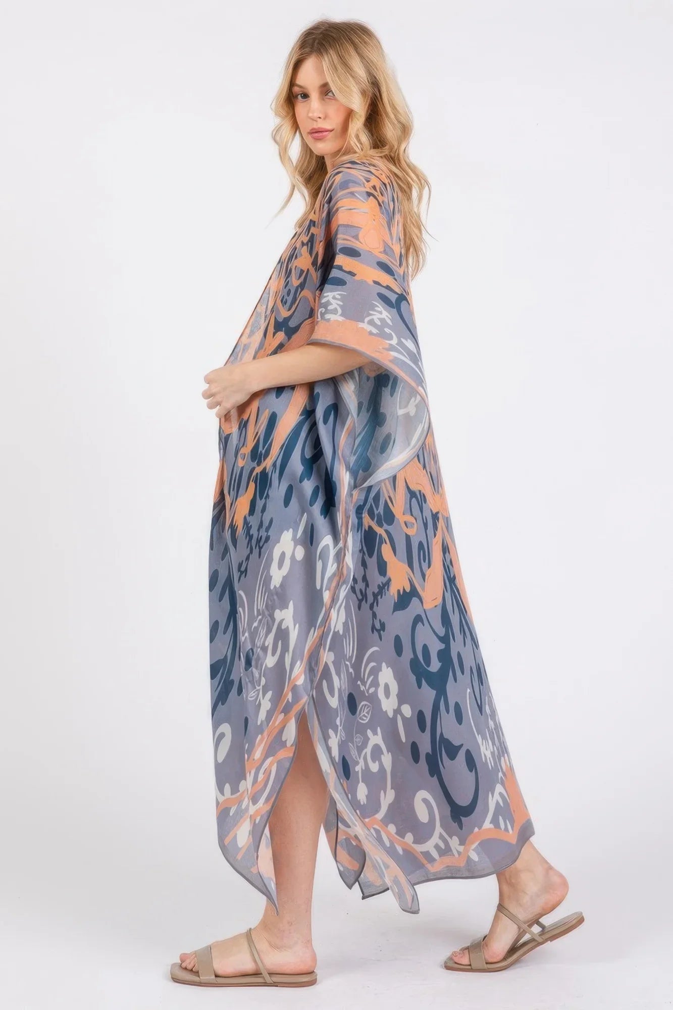 Boho Print Open Front Long Kimono - minbolu -