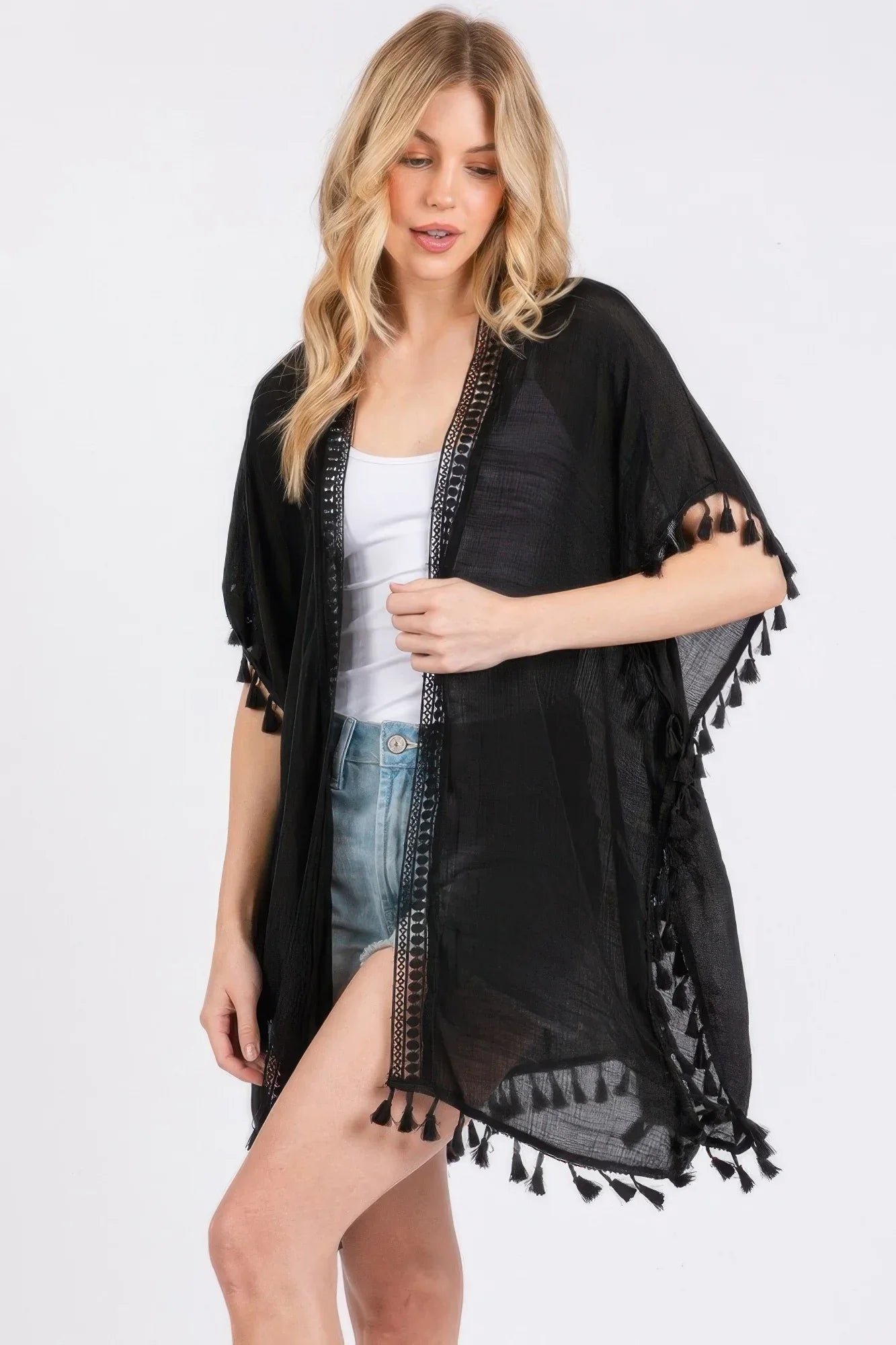 Crochet And Tassel Trim Cover Up - minbolu -